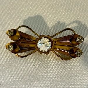 Vintage Brass Bow Brooch with Clear Large Center, 4 Small Rhinestones, Art Deco